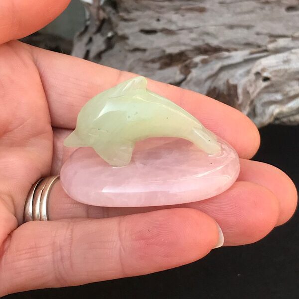 Serpentine Dolphin on Rose Quartz - Image 3