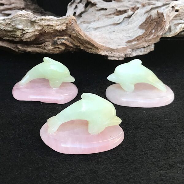 Serpentine Dolphin on Rose Quartz