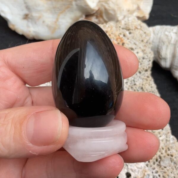 Obsidian Egg on Rose Quartz - Image 3