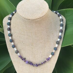Titanium Lava Rock, Pearl and Charoite Necklace