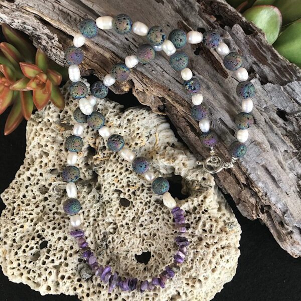 Titanium Lava Rock, Pearl and Charoite Necklace - Image 2