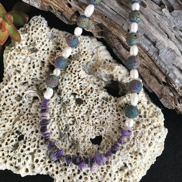 Titanium Lava Rock, Pearl and Charoite Necklace - Image 3