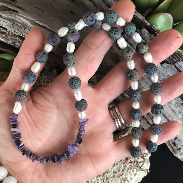 Titanium Lava Rock, Pearl and Charoite Necklace - Image 4
