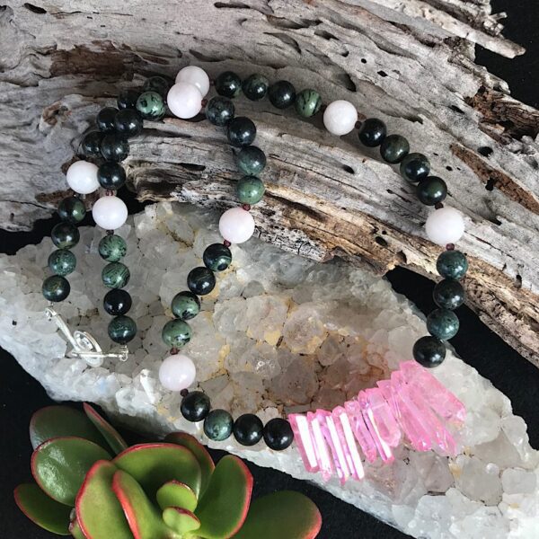 Kambaba Jasper and Pink Aura Quartz Necklace - Image 3