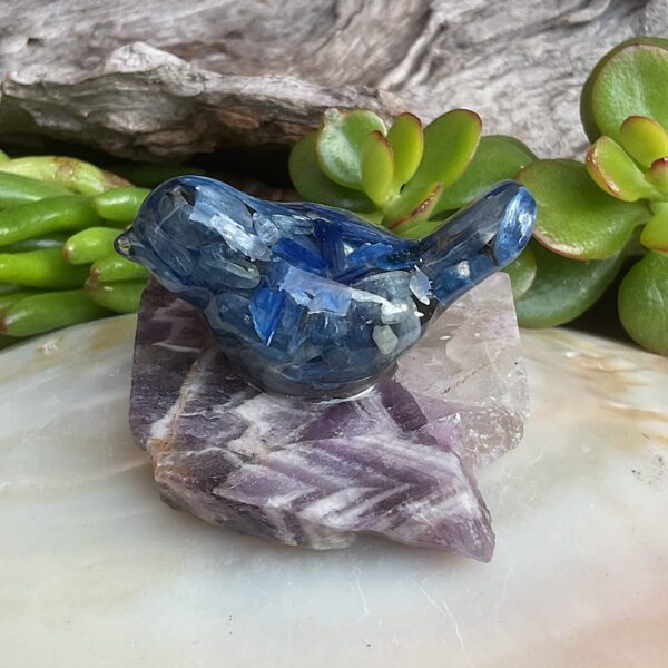 Kyanite bird set in resin with amethyst
