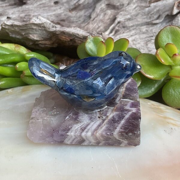 Kyanite bird set in resin with amethyst